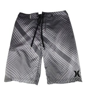 Hurley Board Short sz 30 Men Gray Abstract Plaid Swim Surfer Skater Beach Preppy